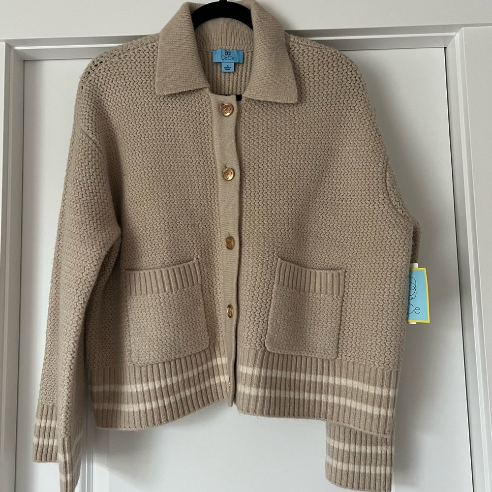 CeCe Tan Button Up Collared Cardigan Size M